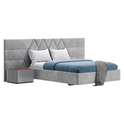Modernes Polsterbett in Hellgrau mit breitem Kopfteil