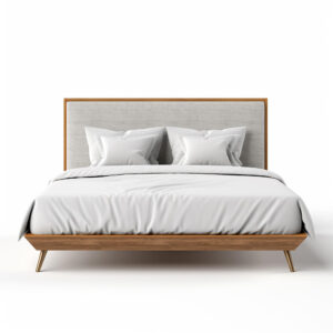 Modernes Holzbett mit gepolstertem Kopfteil in Natur & Hellgrau